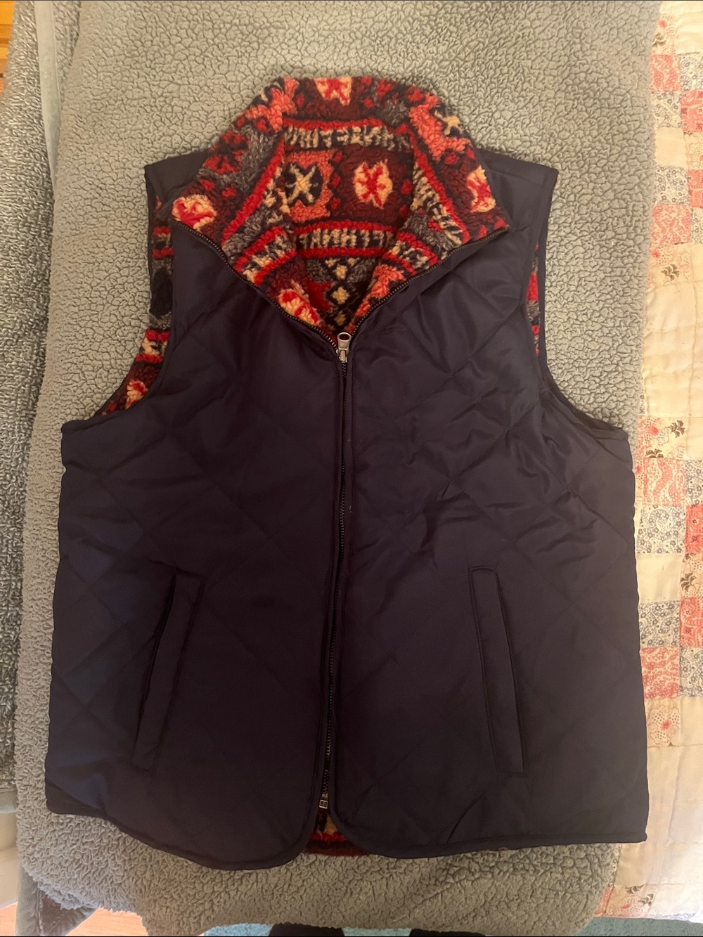 Reversible Quilted Navy Vest with Patterned Lining